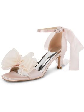 Coutgo Women’s Pink Satin Bow Ankle-Strap Heels